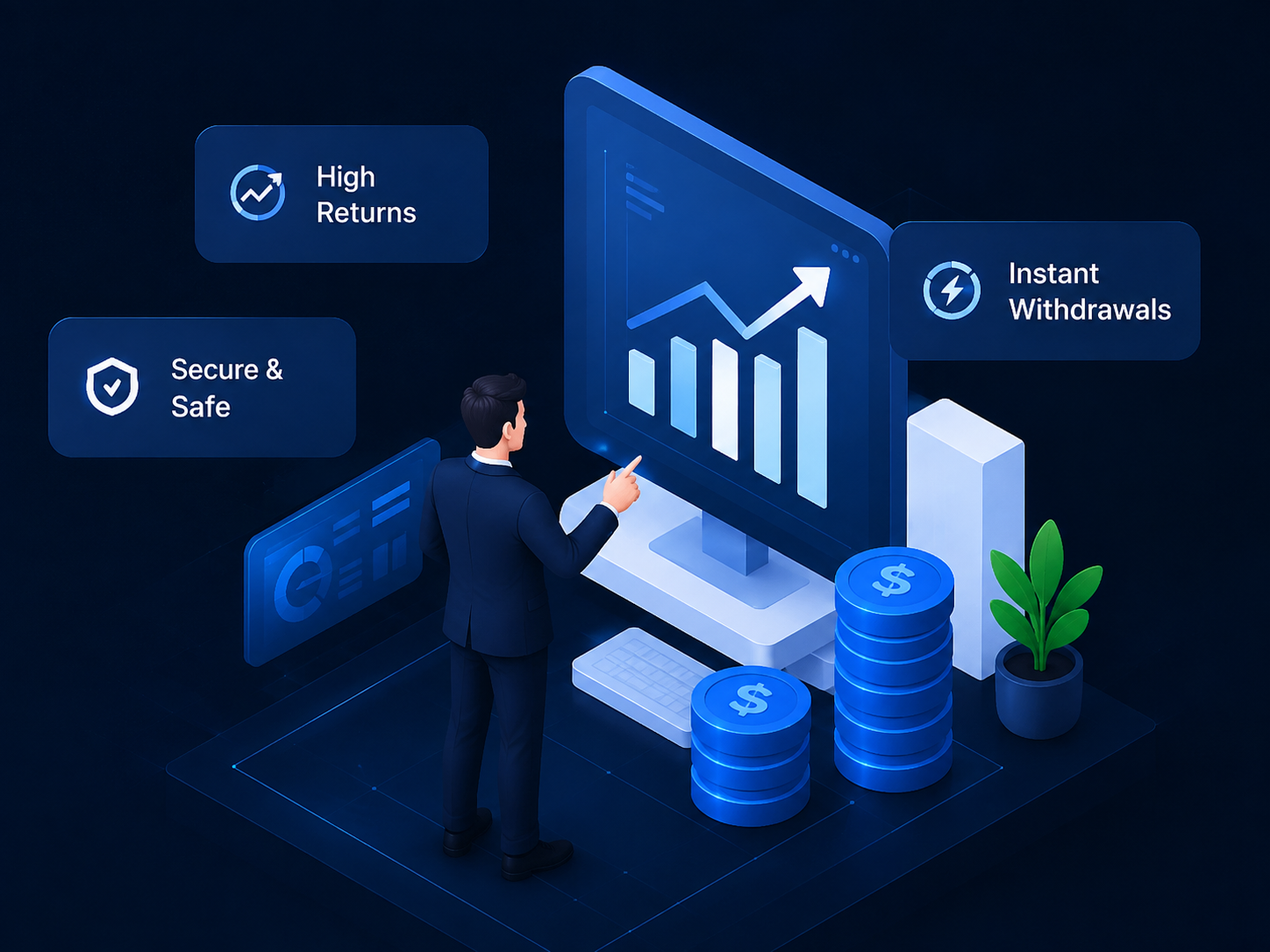 InvestoFlex dashboard illustration showing portfolio growth, secure transactions and instant withdrawals